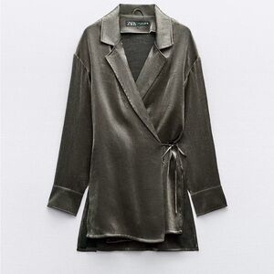 Zara wrinkle double breasted blazer/Khaki Satin Wrap Jacket and wide leg pants